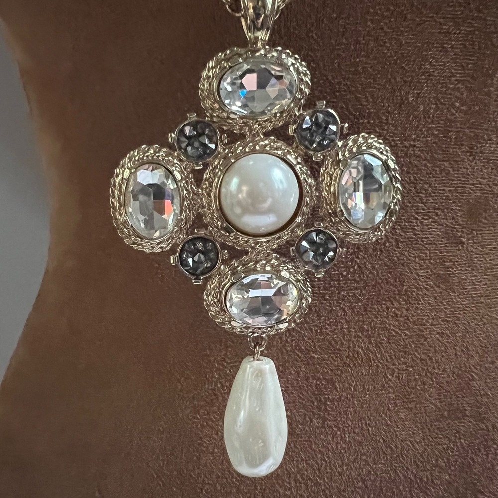 Chico's Gold Tone Faux Pearl Crystal Maltese Cross Pendant 30" Long Necklace